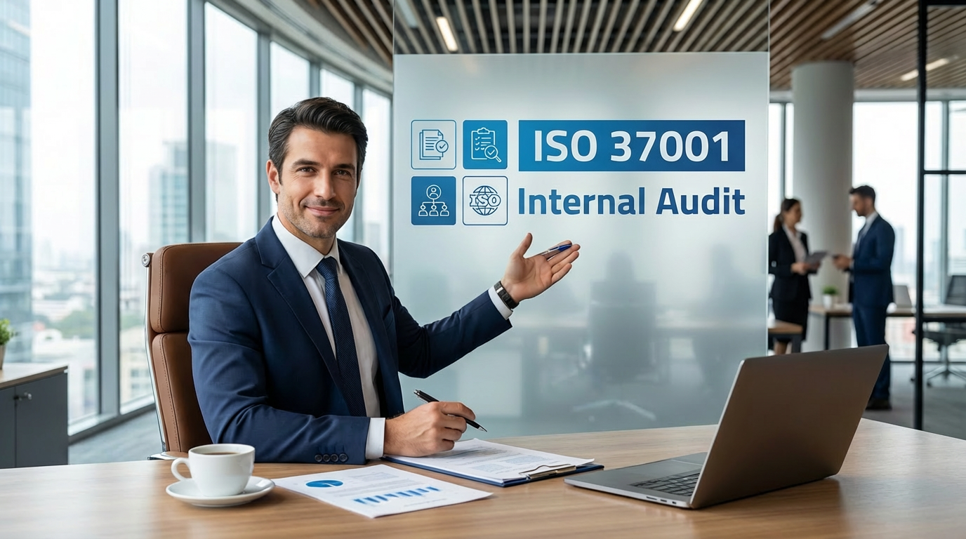 Man with ISO 37001 Internal Audit Board English Text